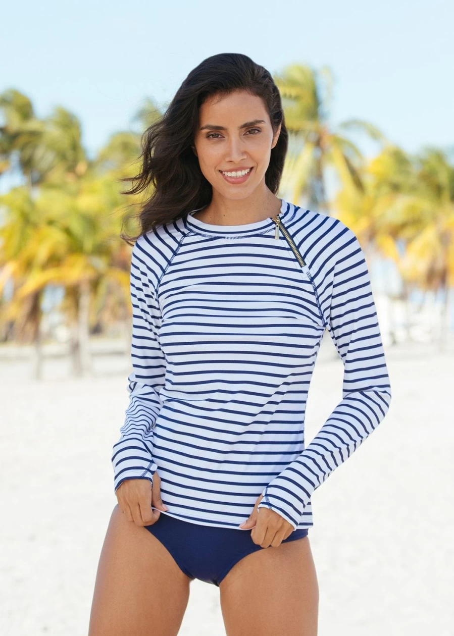 Cabana Life Women's Navy Stripe UPF 50+ Zipper Rashguard Swim Shirt