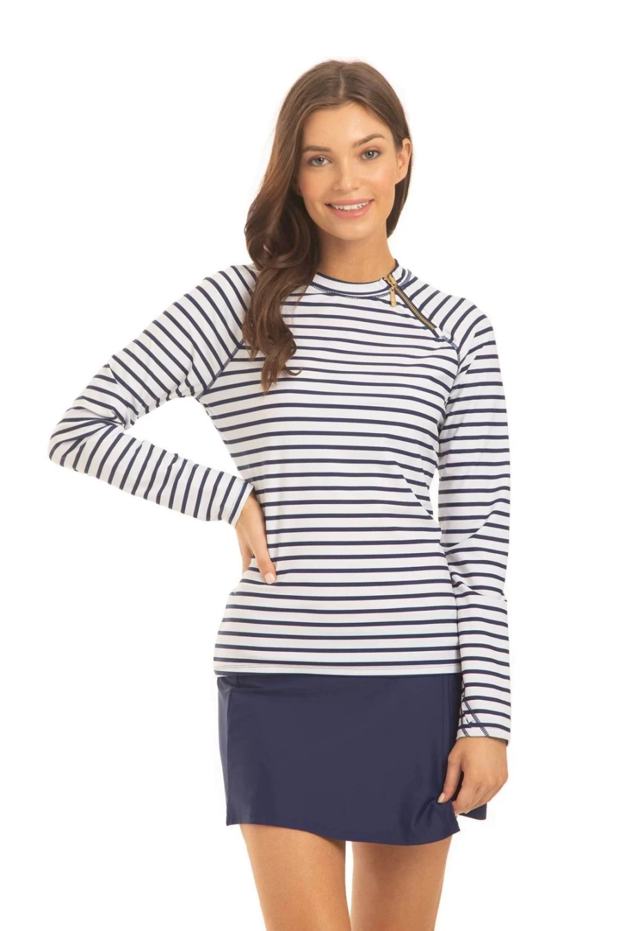 Cabana Life Women's Navy Stripe UPF 50+ Zipper Rashguard Swim Shirt