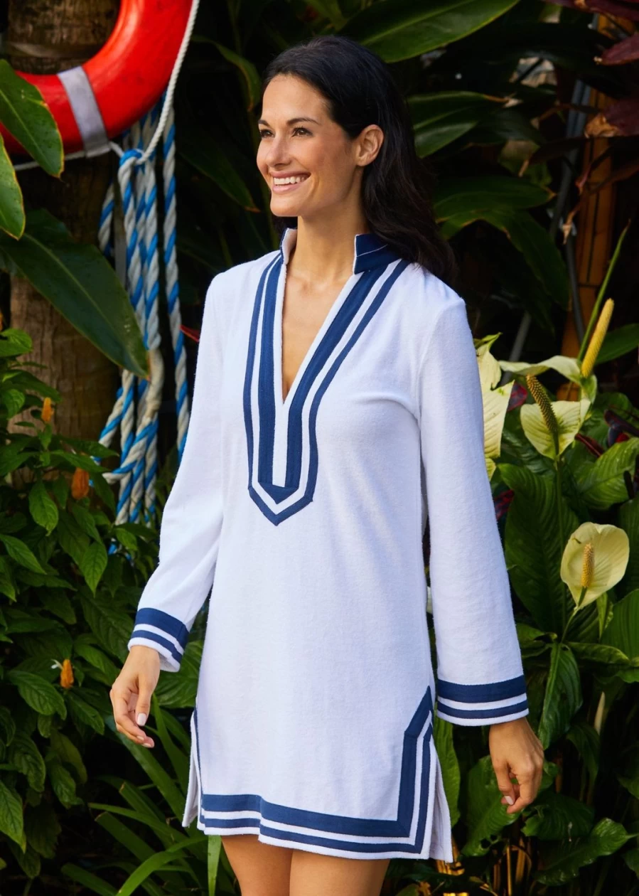 "Cabana Life Women's White and Navy Terry Tunic Top"