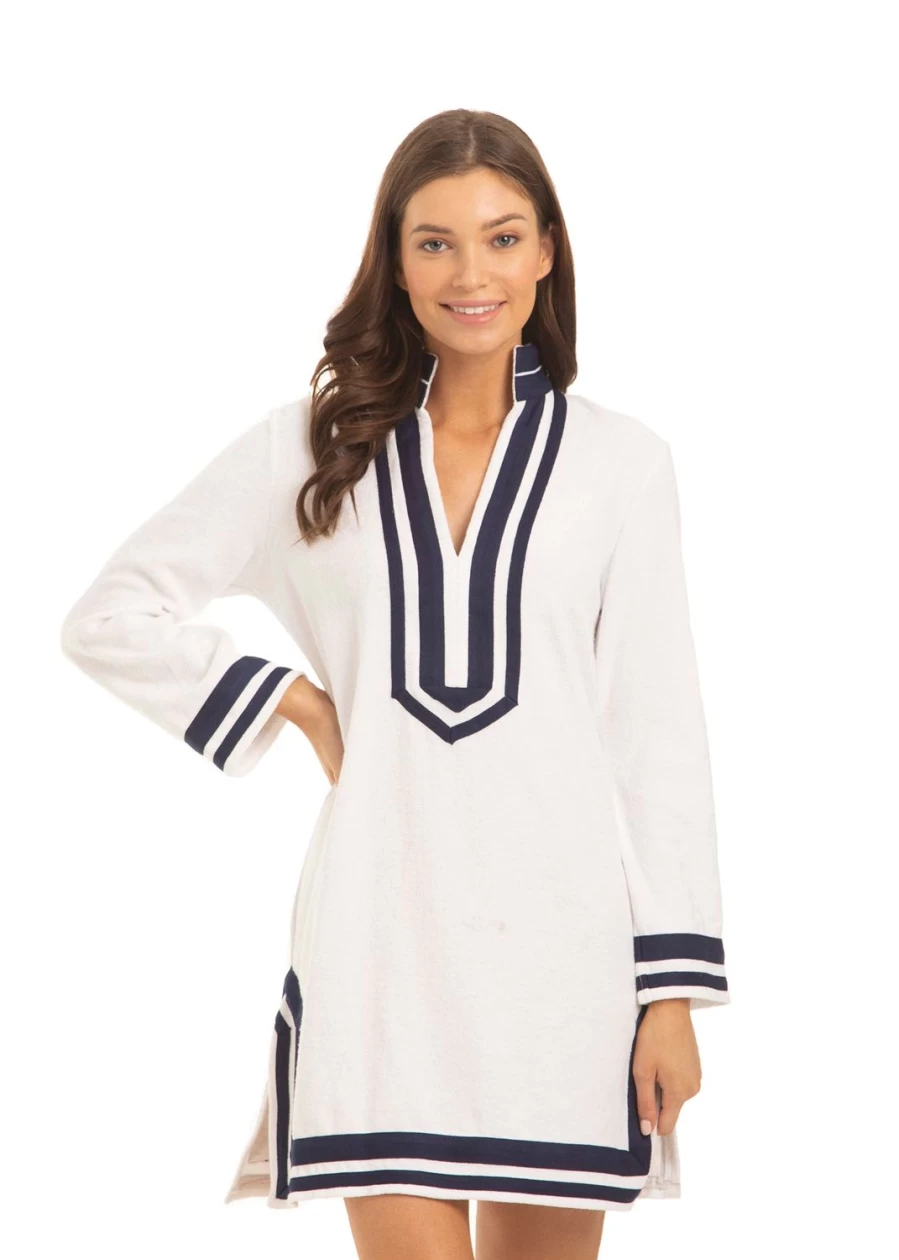 "Cabana Life Women's White and Navy Terry Tunic Top"