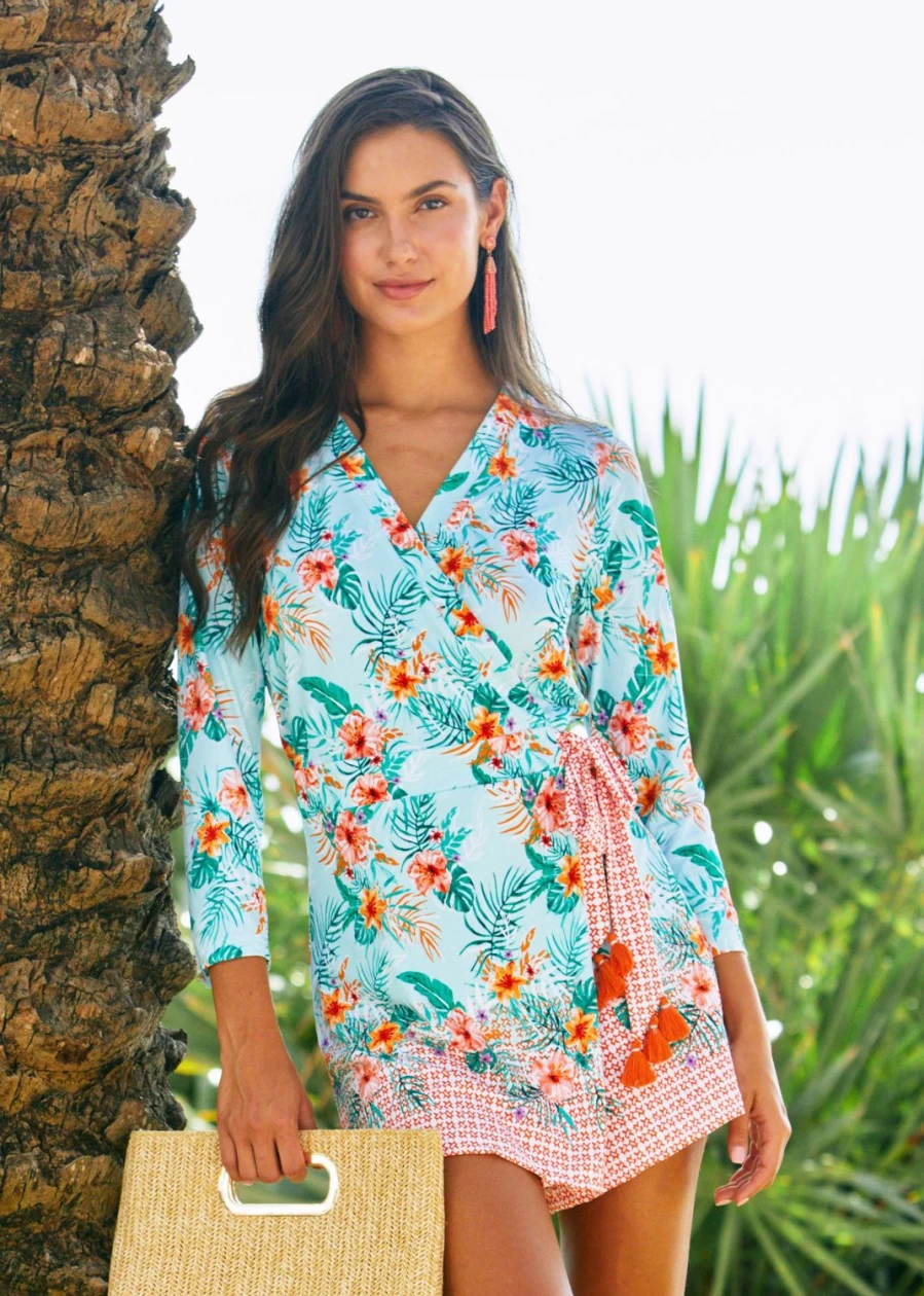 Cabana Life Women's Aqua Citrus Wrap Romper Dress - UPF Sun Protective Summer Jumpsuit