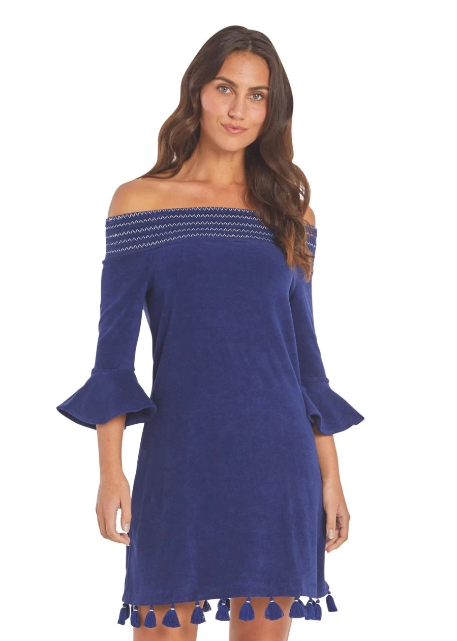 Cabana Life Women's Navy Terry Off The Shoulder Casual Beach Dress