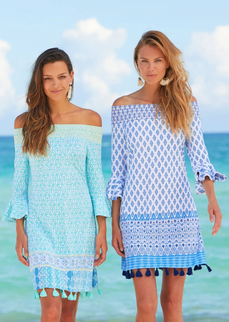 Cabana Life Women's Coastal Cottage Off The Shoulder Summer Dress - Beach Vacation Boho Chic Flowy Outfit