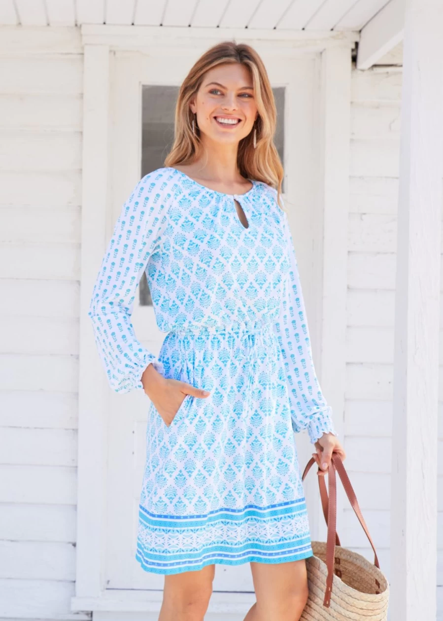 Cabana Life Women's Amalfi Coast Flowy Tie-Waist Long Sleeve Summer Dress