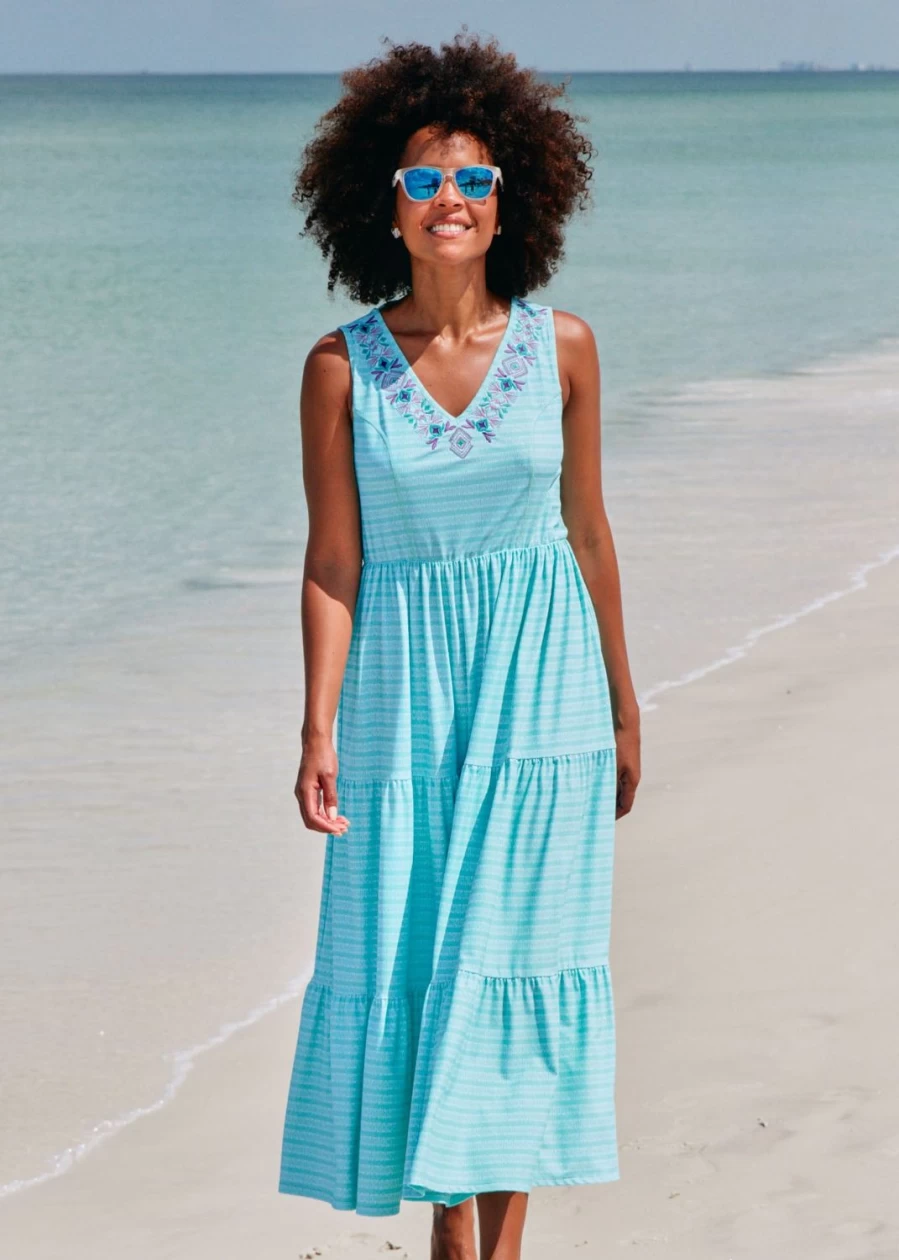 Cabana Life Women's Flowy Embroidered Tiered Maxi Dress - Naples Boho Chic Beach Dress