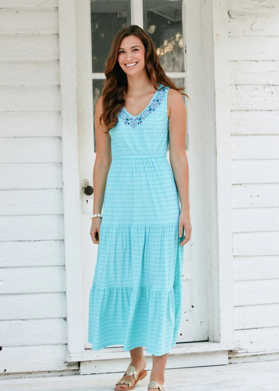 Cabana Life Women's Flowy Embroidered Tiered Maxi Dress - Naples Boho Chic Beach Dress