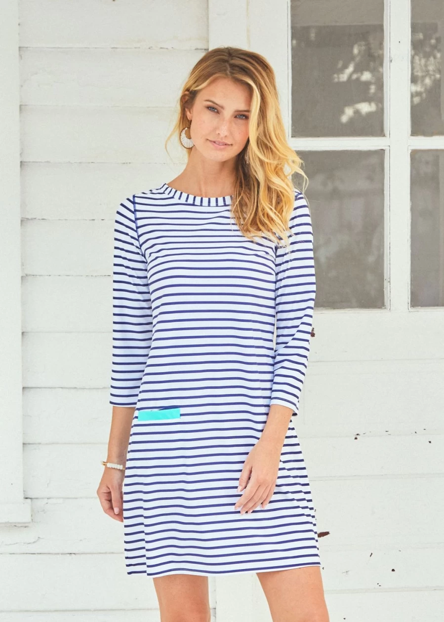 Cabana Life Women's Navy Striped Shift Dress - Beach Summer Casual Cabana Dress