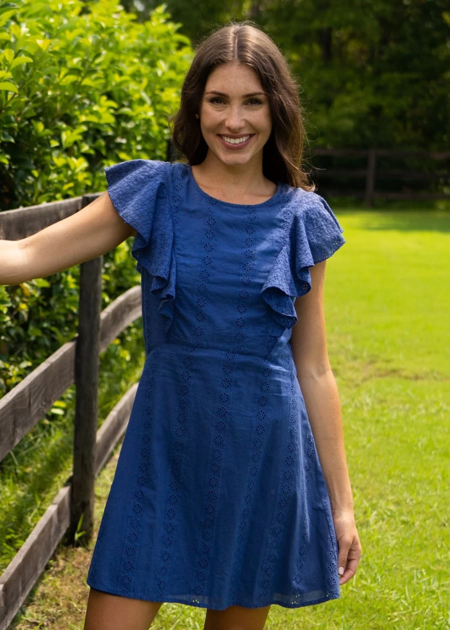 Cabana Life Women's Navy Blue Eyelet Lace Ruffle Summer Dress