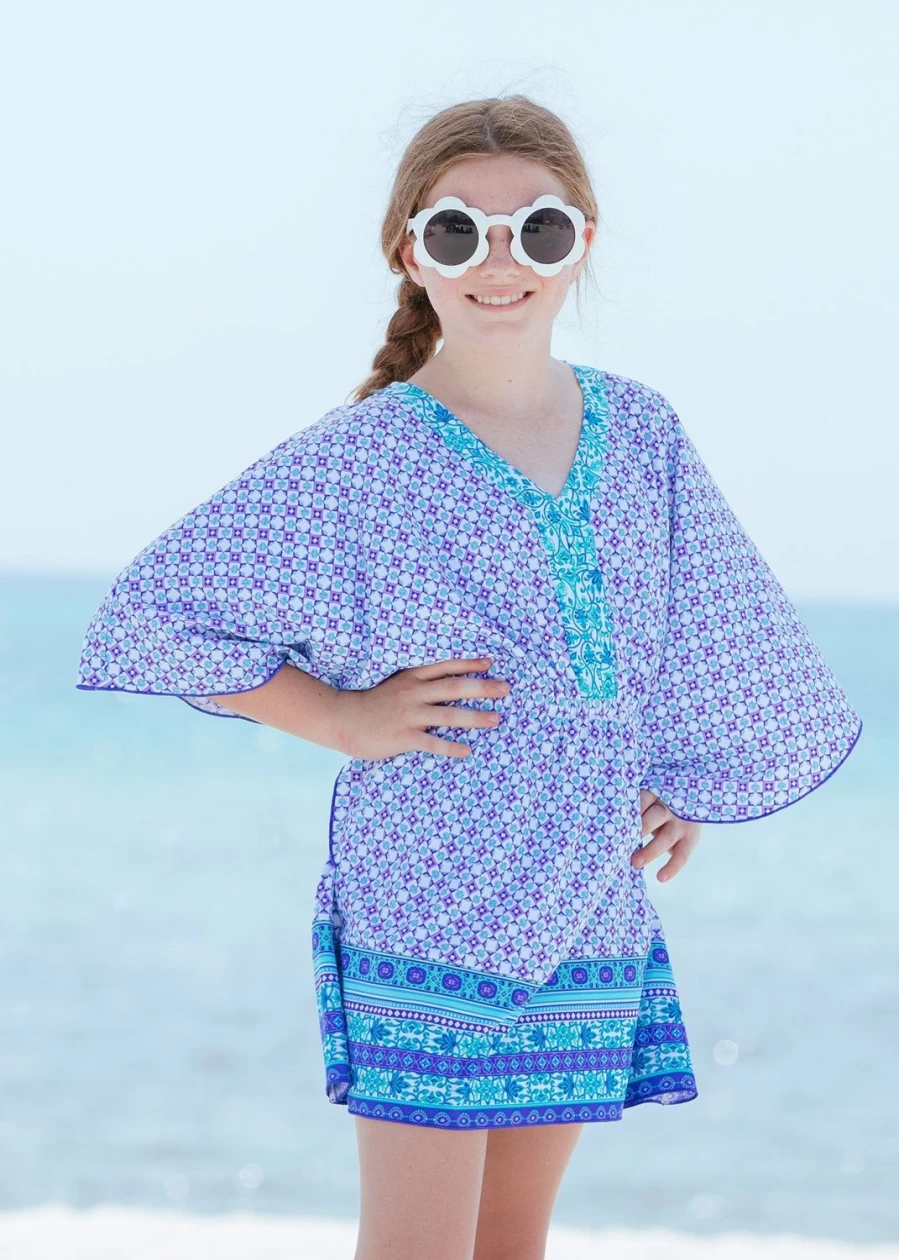 Cabana Life Girls Turquoise Tile Print Cover Up Swimsuit Beach Dress