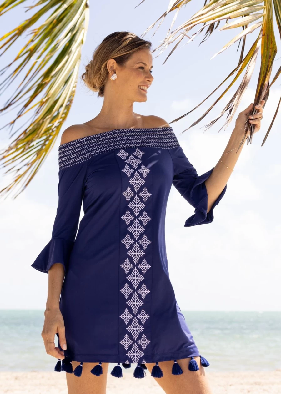 Cabana Life Women's Navy Blue Embroidered Off-The-Shoulder Summer Dress - Floral Beach Party Maxi Dress