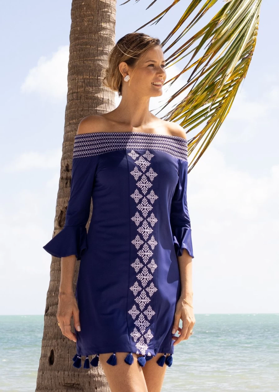 Cabana Life Women's Navy Blue Embroidered Off-The-Shoulder Summer Dress - Floral Beach Party Maxi Dress