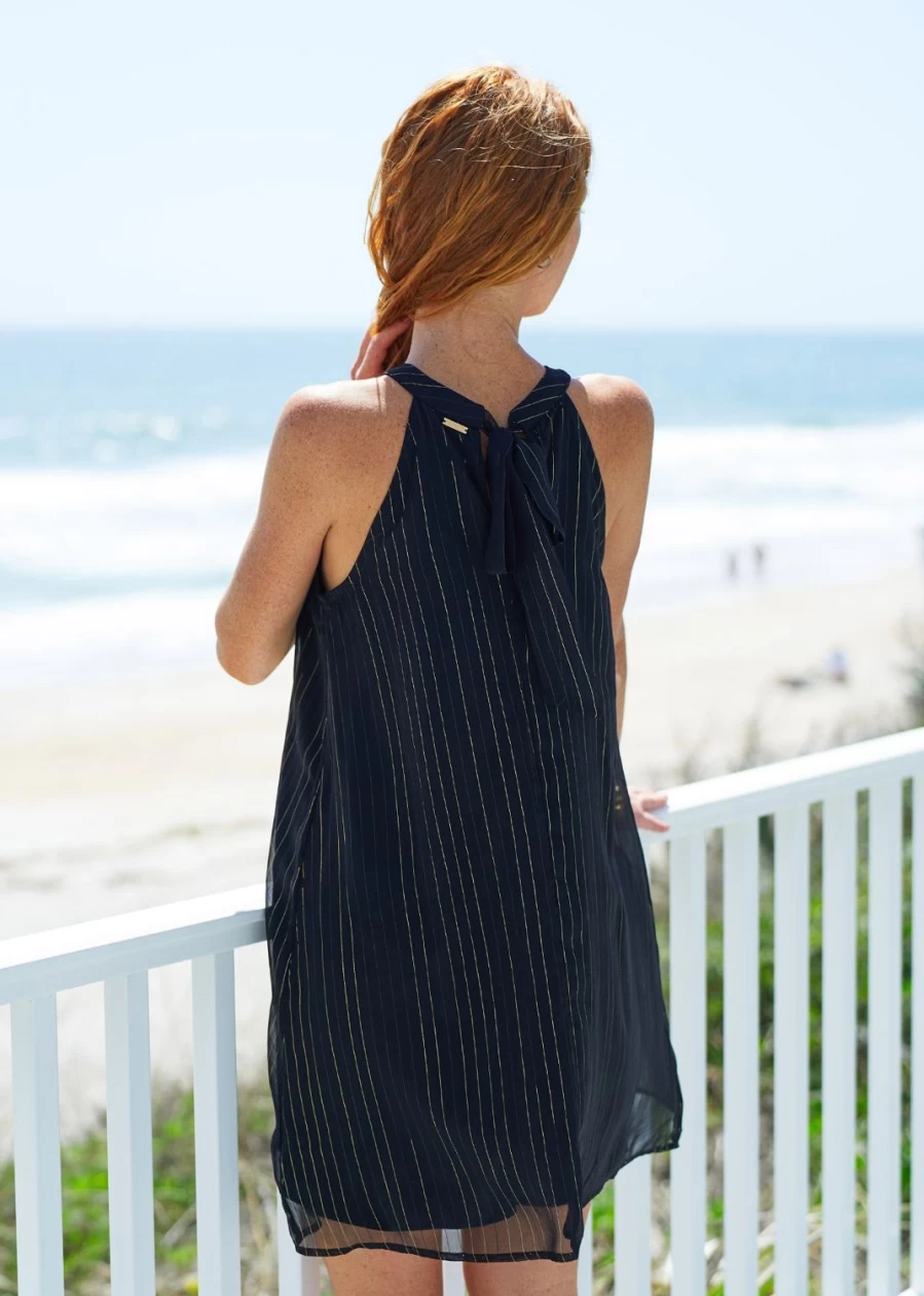Cabana Life Women's Black Metallic Bow Back Halter Dress - Elegant Evening Gown
