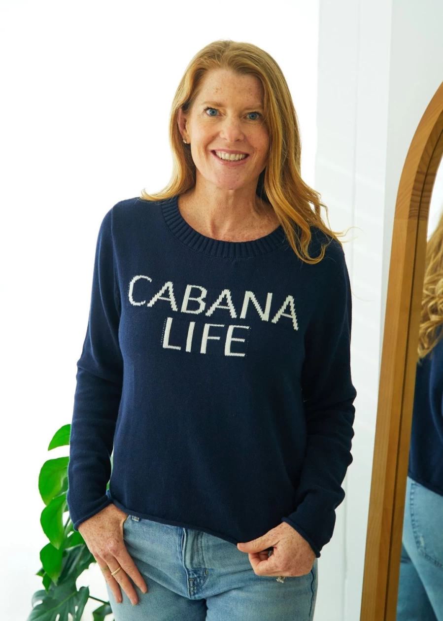 Women's Navy Blue Cabana Life Crewneck Sweater - Casual Beach Pullover Top