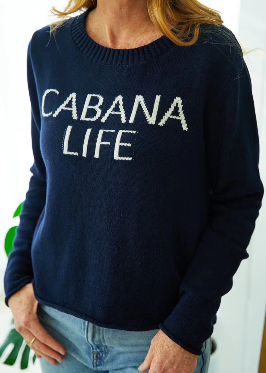 Women's Navy Blue Cabana Life Crewneck Sweater - Casual Beach Pullover Top
