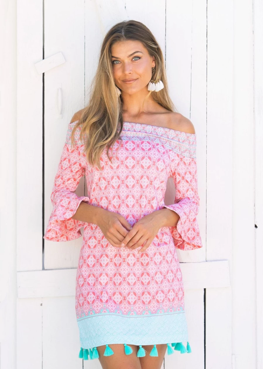 Cabana Life Women's Coral Tides Off-The-Shoulder Summer Dress - Beach Vacation Flowy Boho Style