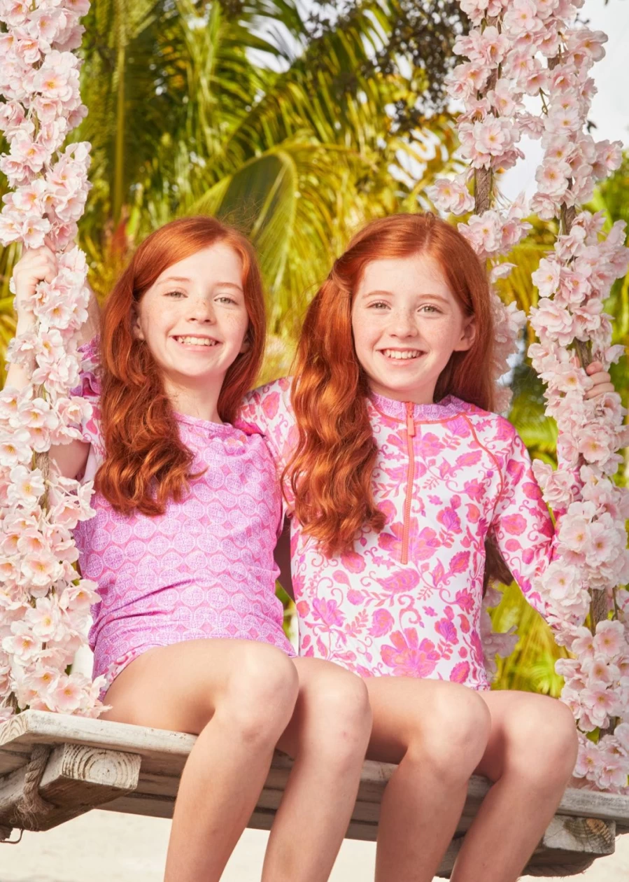 "Cabana Life Girls Provence Floral Long Sleeve One-Piece Swimsuit Cover-Up Dress"