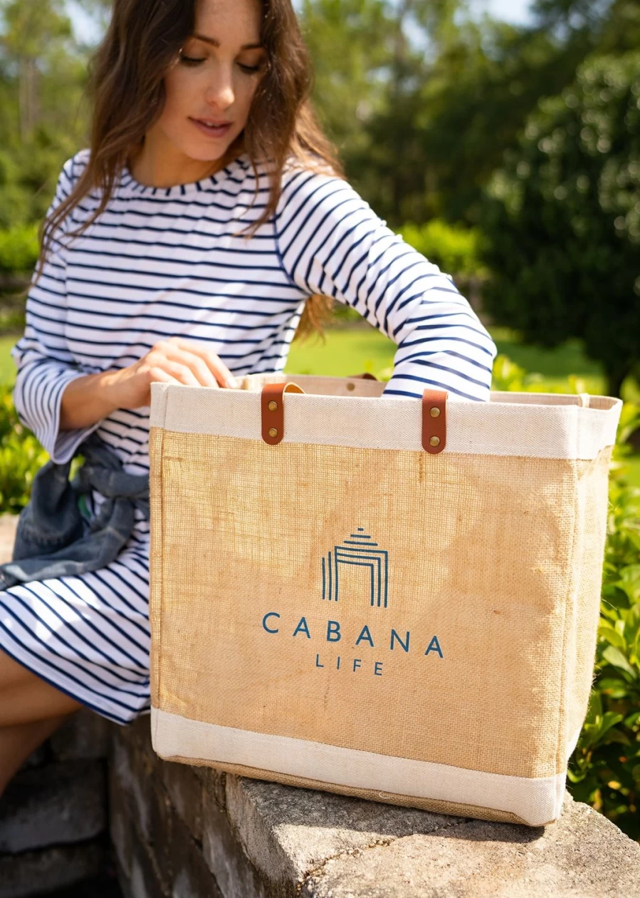Cabana Life Women's Navy Jute Tote Bag with Logo - Eco-Friendly Beach Bag