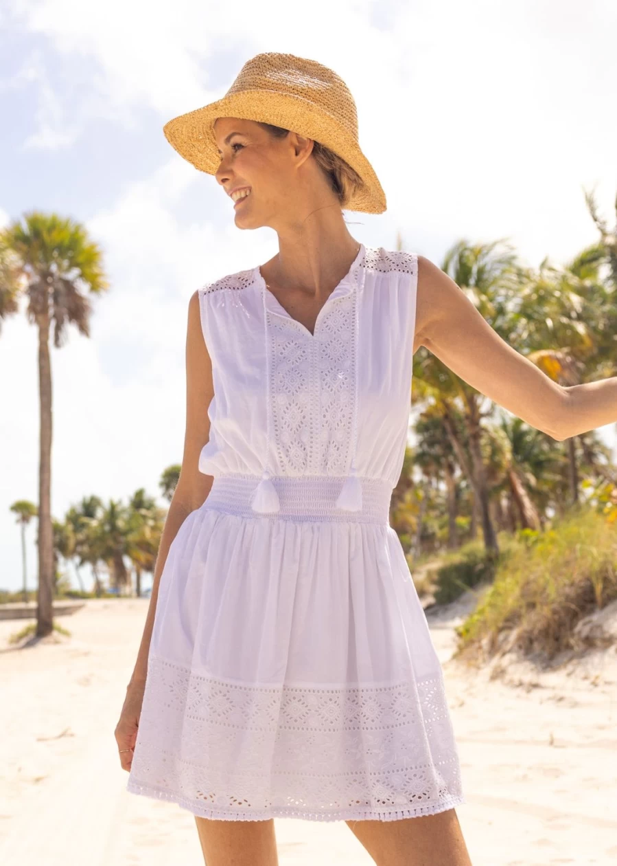 Cabana Life Women's White Eyelet Sleeveless Summer Dress - Boho Lace Trim Beach Dress