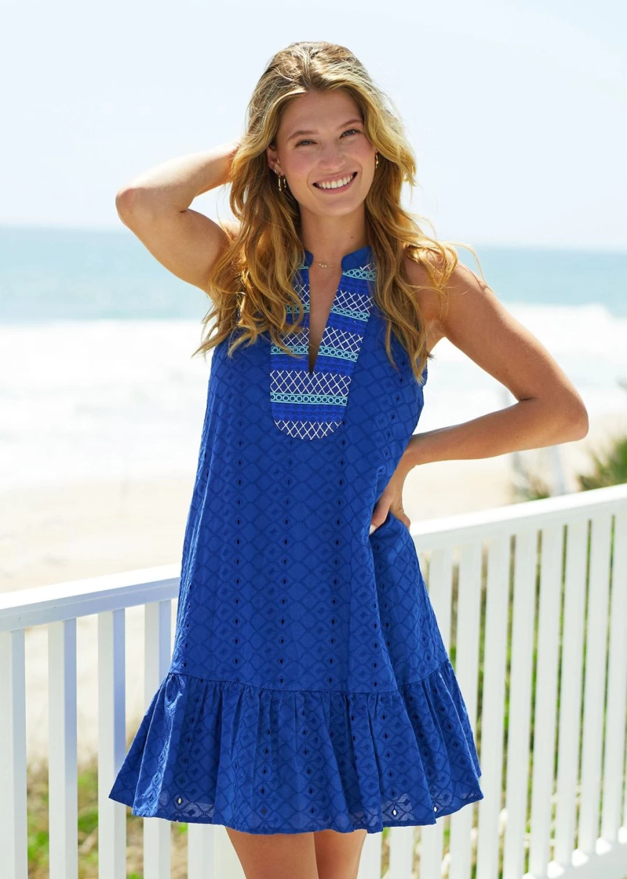 Cabana Life Women's Navy Blue Embroidered Eyelet Halter Neck Summer Dress