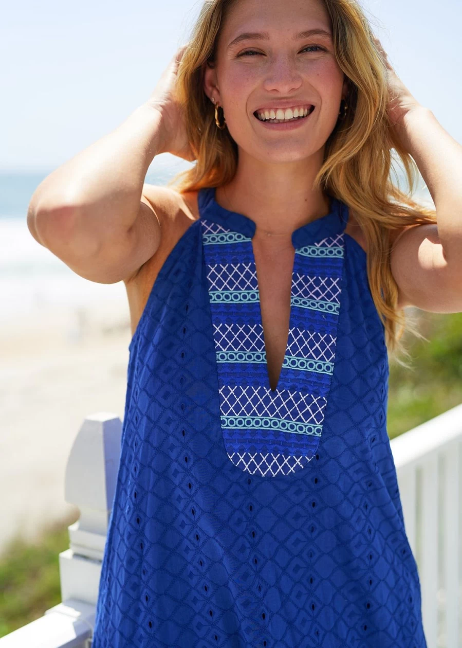 Cabana Life Women's Navy Blue Embroidered Eyelet Halter Neck Summer Dress