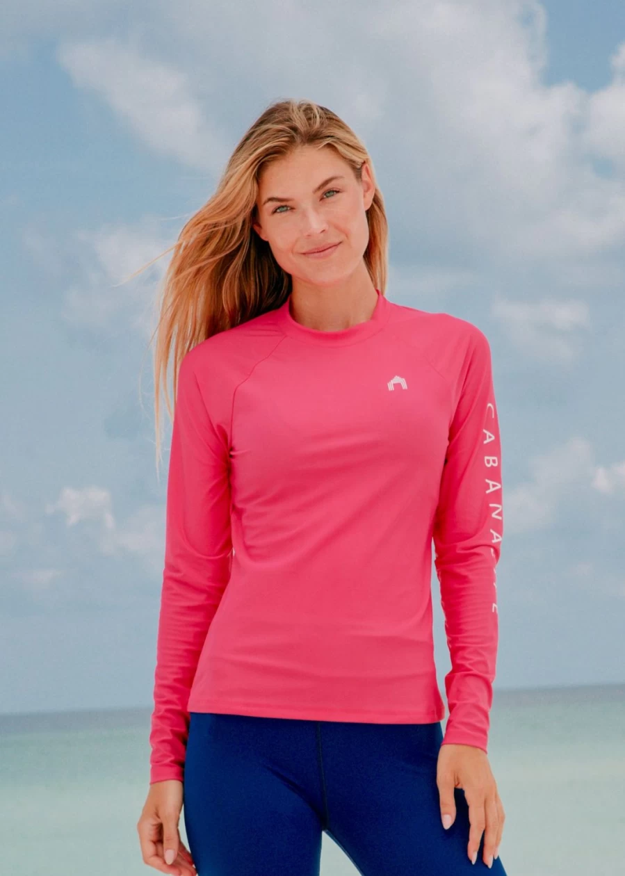 Women's Pink Rashguard UPF Swim Shirt - Cabana Life Sun Protection Long Sleeve Swim Top
