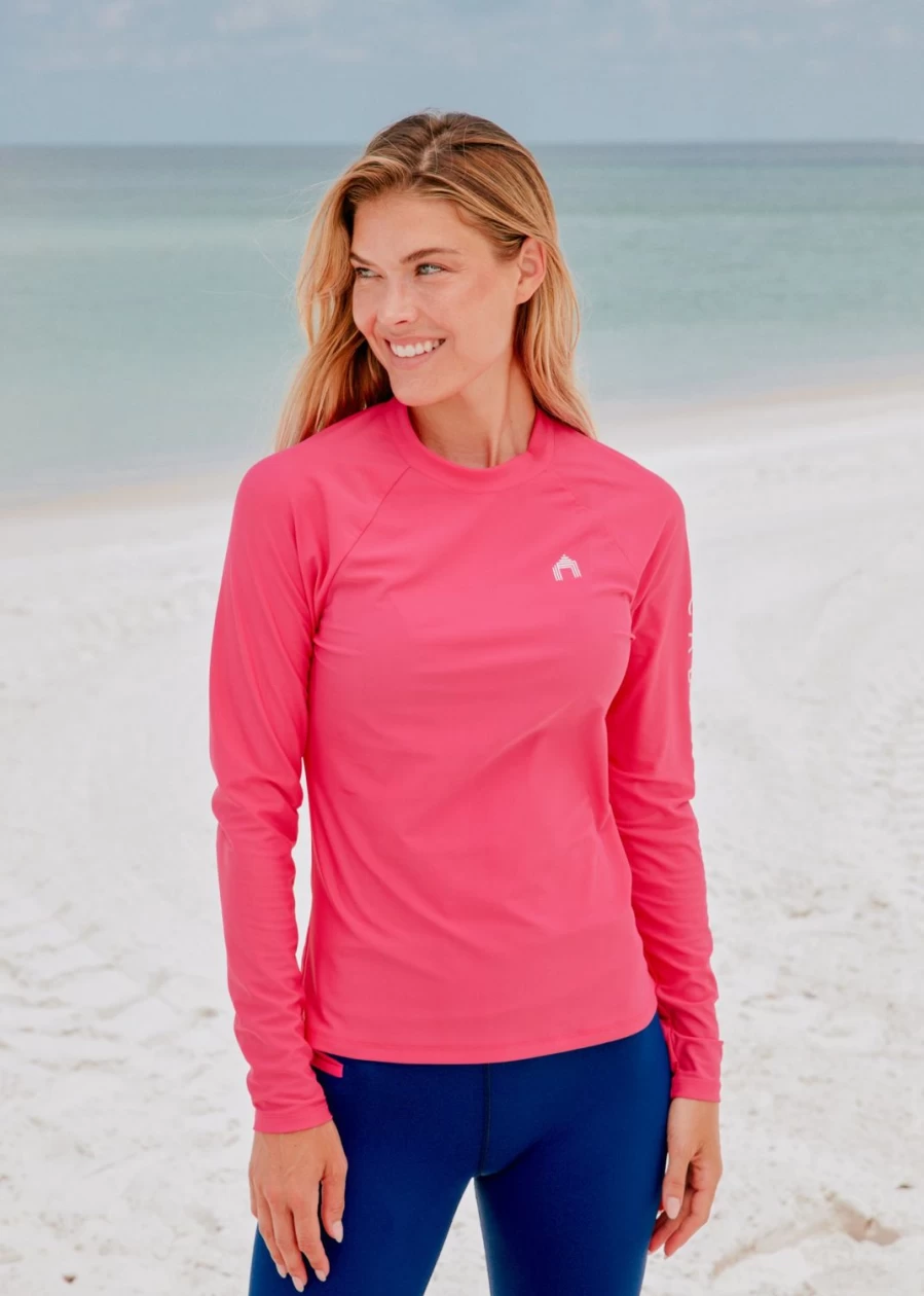 Women's Pink Rashguard UPF Swim Shirt - Cabana Life Sun Protection Long Sleeve Swim Top