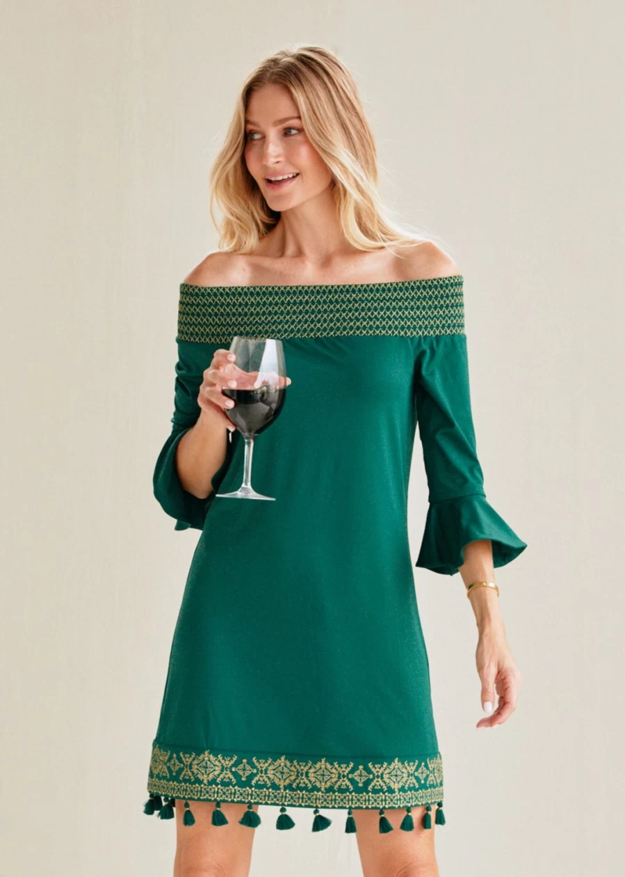 Cabana Life Women's Emerald Green Metallic Embroidered Off-The-Shoulder Summer Dress