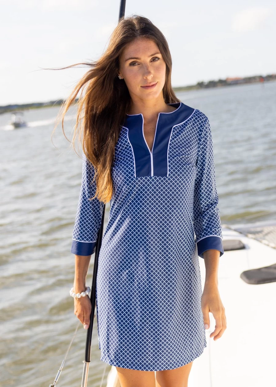 Cabana Life Women's Nautical Striped Tunic Dress - Blue & White Summer Beachwear