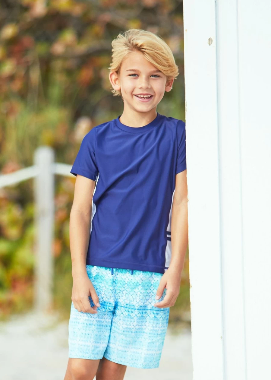 Cabana Life Boys Navy Blue Short Sleeve Rash Guard Swim Shirt UPF Sun Protection