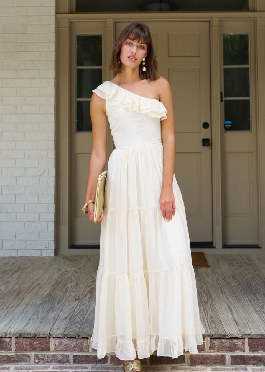 Cabana Life Women's Ivory Metallic One Shoulder Long Formal Maxi Dress for Evening Wear