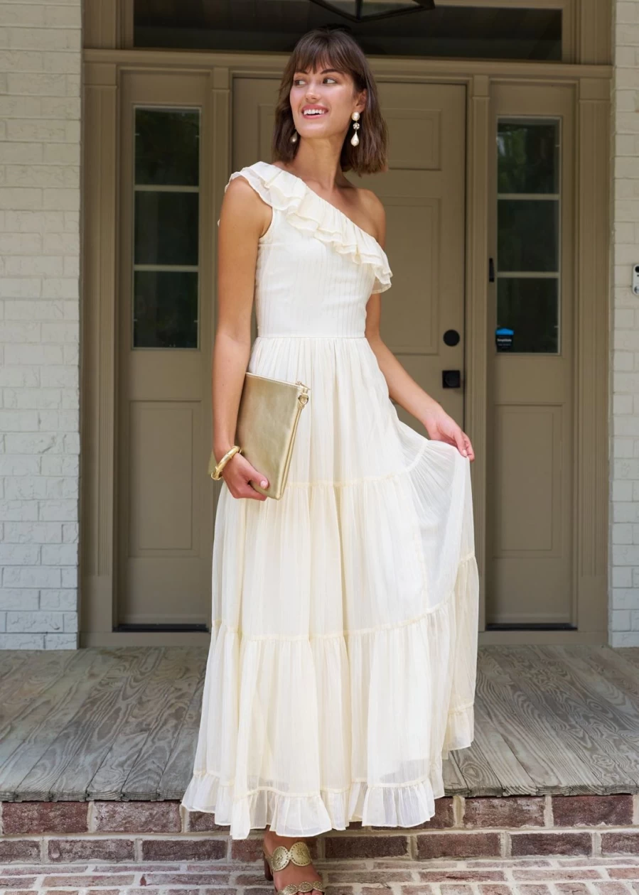Cabana Life Women's Ivory Metallic One Shoulder Long Formal Maxi Dress for Evening Wear