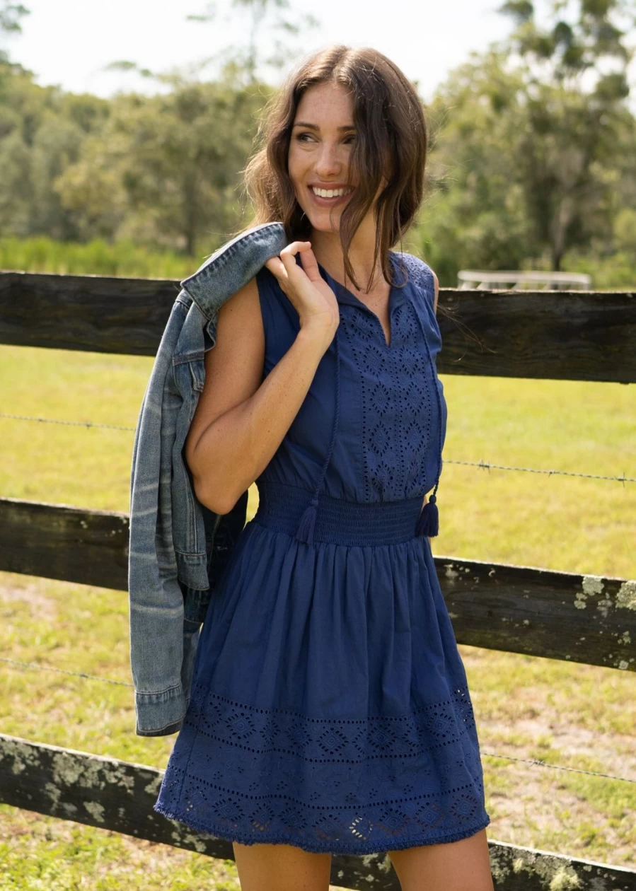 Cabana Life Women's Navy Blue Eyelet Lace Sleeveless Summer Dress