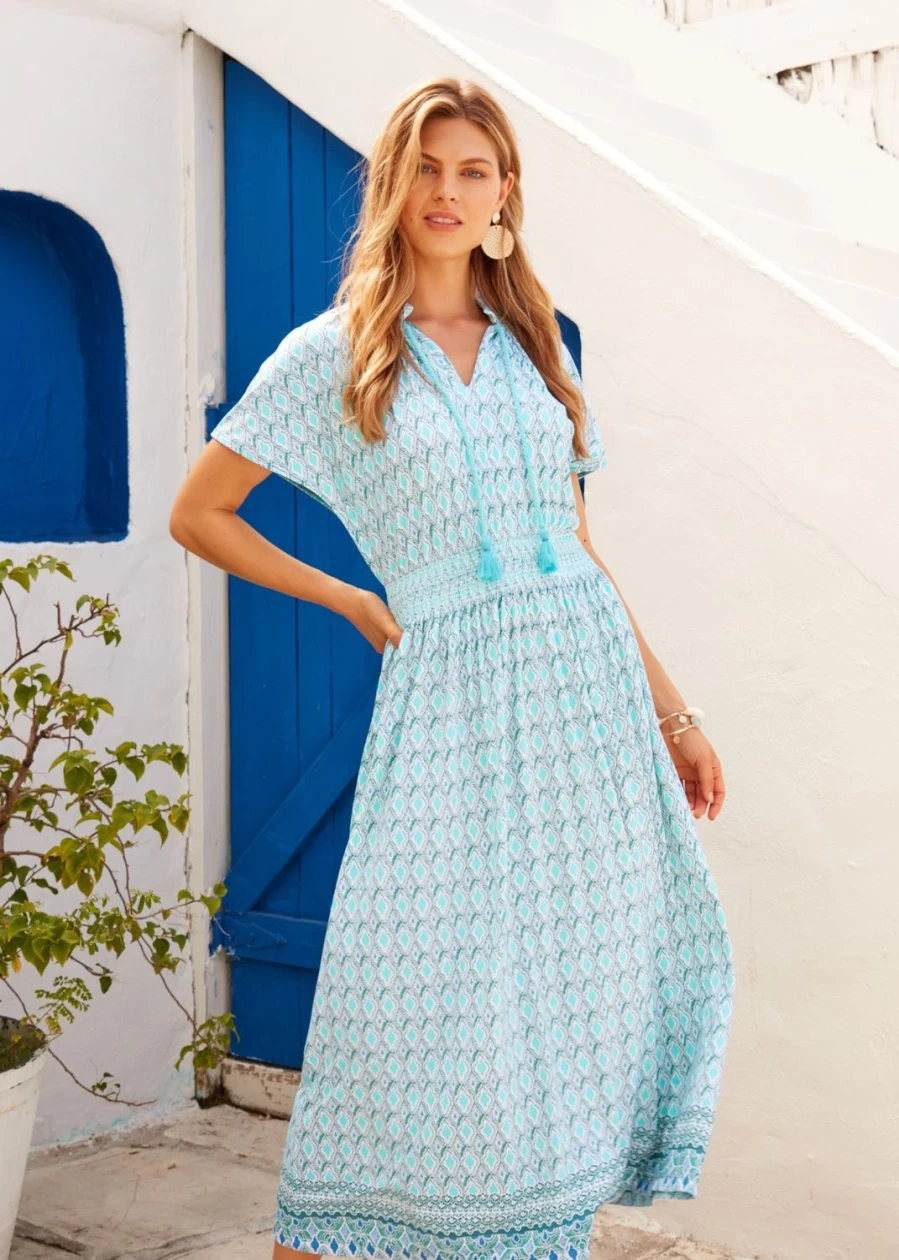 Cabana Life Women's Amalfi Coast Smocked Waist Flowy Maxi Dress for Summer Beach Vacations