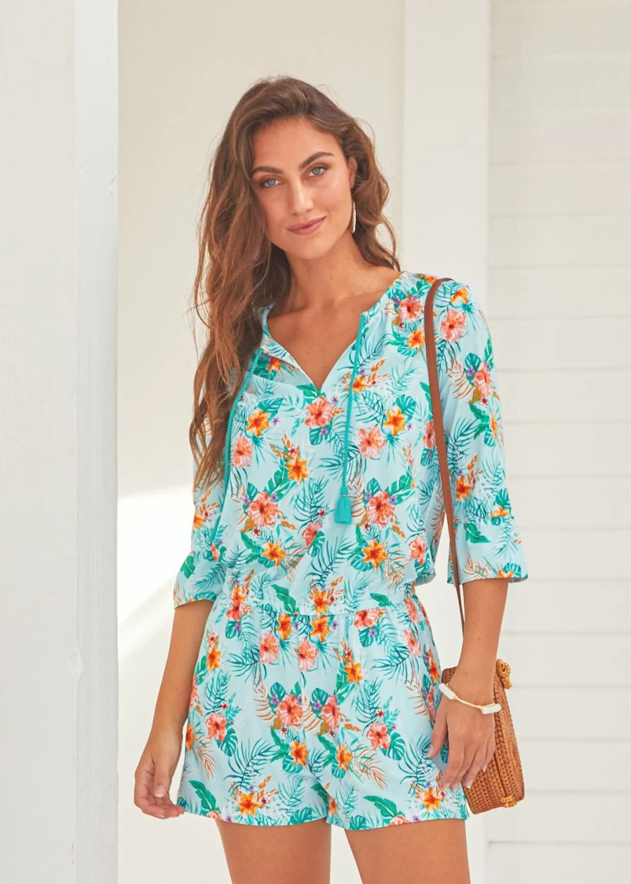 "Women's Aqua Citrus Wrap Romper Dress by Cabana Life | UPF Sun Protective Summer Jumpsuit"