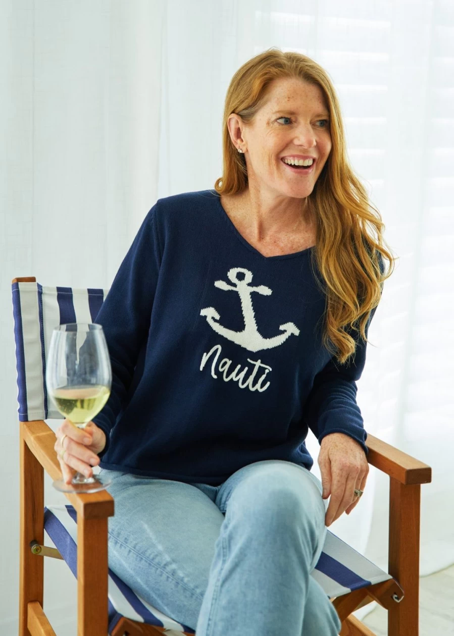 Cabana Life Women's Navy Nauti V-Neck Sweater - Classic Casual Knit Top