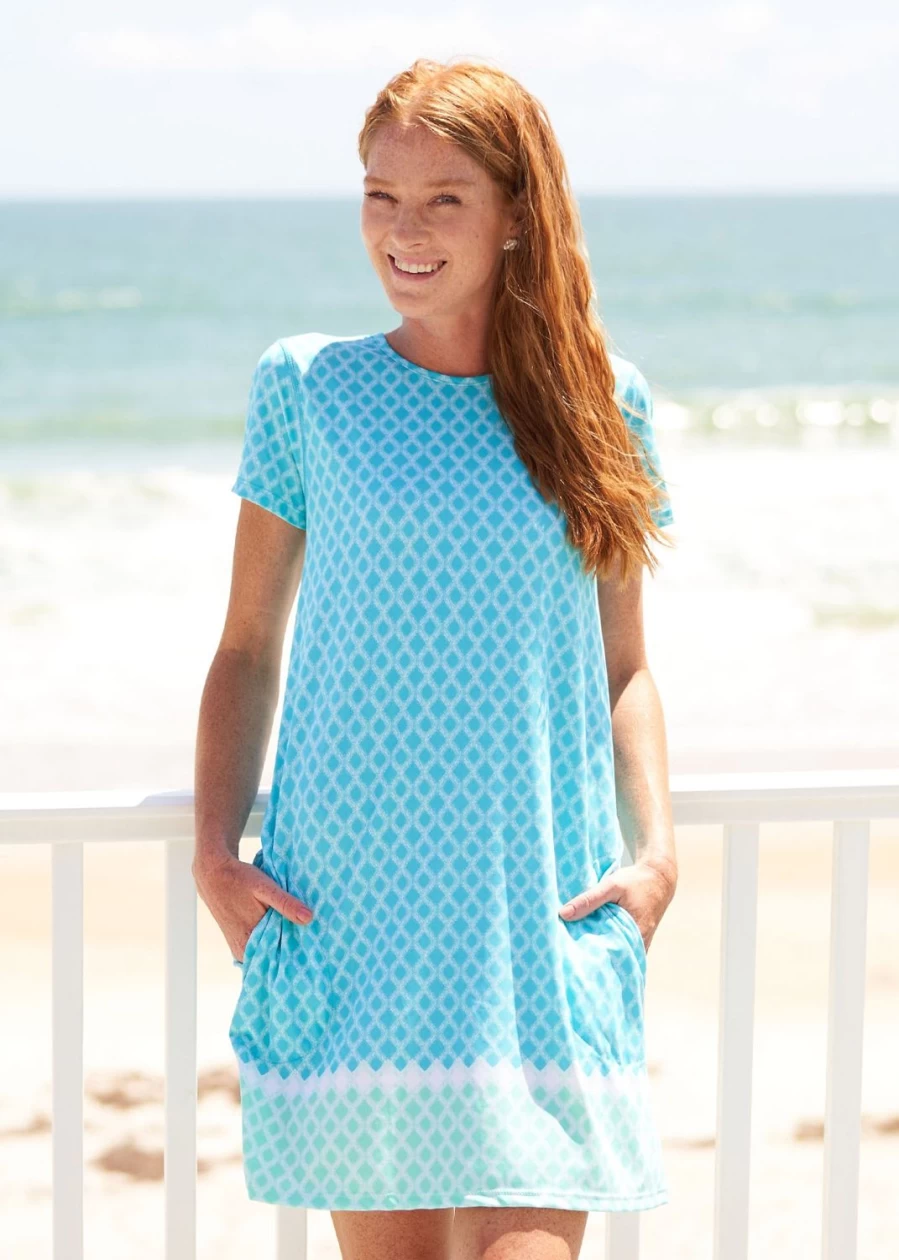 Cabana Life Women's Coral Geo Cap Sleeve Swing Shift Dress | UPF Sun Protective Beach Cover Up