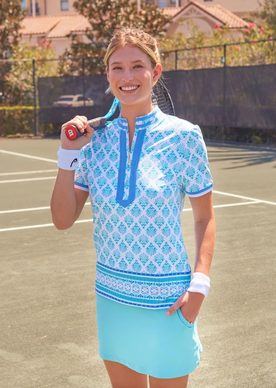 "Women's Cabana Life Amalfi Coast Quarter Zip Collared Shirt Short Sleeve Top"